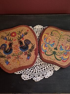 Vintage Folk Art Rooster Cork Trivets - Set of 2